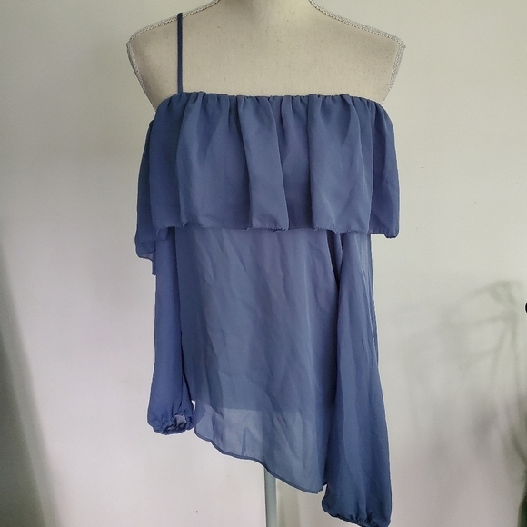 Parker Asymmetric Long Sleeved One Shoulder Blue Ruffle Blouse - Picture 3 of 10